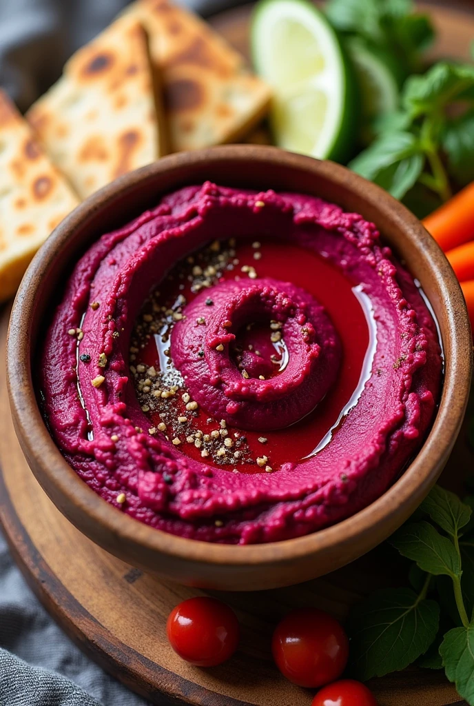 Create an image of this recipe: Beet Hummus Ingredients:

- Cooked chickpeas: 200 g - Cooked beetroot: 100 g - Tahini: 15 g - Lemon juice: 15 ml - Oh: 10 g - Olive oil: 15 ml
- Sal: 5 g - Pepper: 2 g Preparation:

1. In a blender, Combine the chickpeas, beet, tahini, lemon juice and garlic.

2. Blend until smooth.

3. Add the olive oil, salt and pepper, and mix again.

4. Serve with pita bread or raw vegetables..
