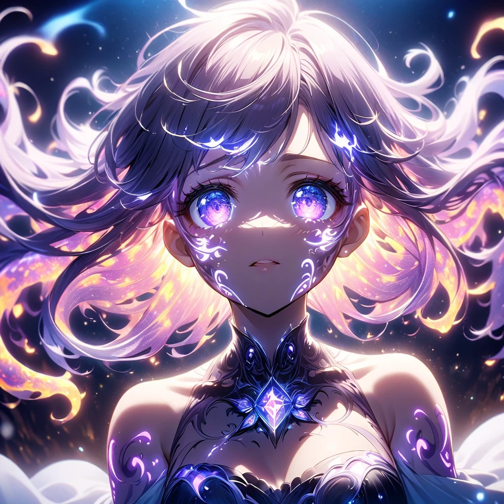 Close-up of face、Artistic anime illustration of a woman with glowing flame tentacle tattoos on her face。 The tattoo on his face is a mix of purple and dark.、It emits light。 The girl has long, flowing hair.、She is wearing a white off-the-shoulder, stomach-flattering dress.、This scene has a dreamy soft focus effect.、 It emphasizes the fantastic shine of the tattoo.、