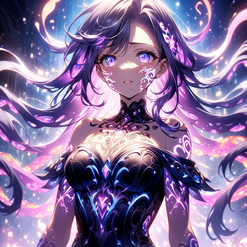 Close-up of face、Artistic anime illustration of a woman with glowing flame tentacle tattoos on her face。 The tattoo on his face is a mix of purple and dark.、It emits light。 The girl has long, flowing hair.、She is wearing a white off-the-shoulder, stomach-flattering dress.、This scene has a dreamy soft focus effect.、 It emphasizes the fantastic shine of the tattoo.、