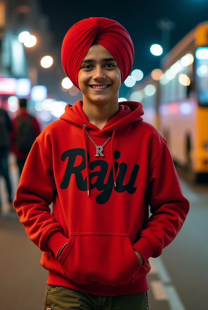 " A 16 YEAR PUNJABI BOY ,ATTRACTIVE SMILE WEARING A RED TURBAN ,RED Hoodie ON WRITE BOLD NAME "RAJU", cargo PANT, and holding and see his name which write chest in Punjab his body luck front of the camara , his background in AMRITSAR city , waiting for a bus at night, wide angle shot, RUN TO CAUGHT BUS,BACKGROUND BOLD NAME "RAJU" Neck In locket this letter "R"