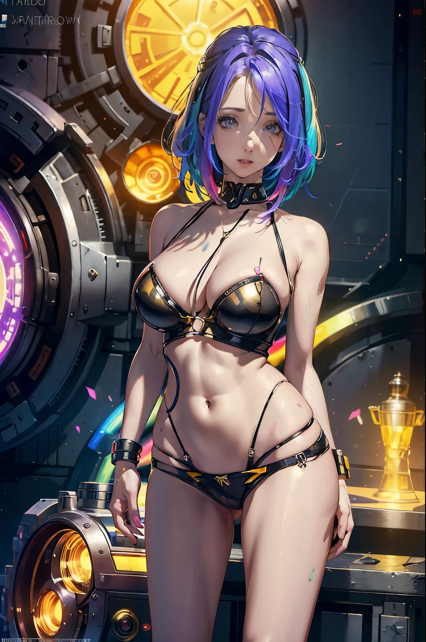 A cute woman, colorful rainbow hair, chromatic eyes, gold body jewelry, posing with crazy appliances, flirting with camera, best quality, 4k, 8k, highres, masterpiece:1.2, ultra-detailed, realistic, photorealistic, photo-realistic:1.37, HDR, UHD, studio lighting, ultra-fine painting, sharp focus, physically-based rendering, extreme detail description, professional, vivid colors, bokeh, portraits, photography