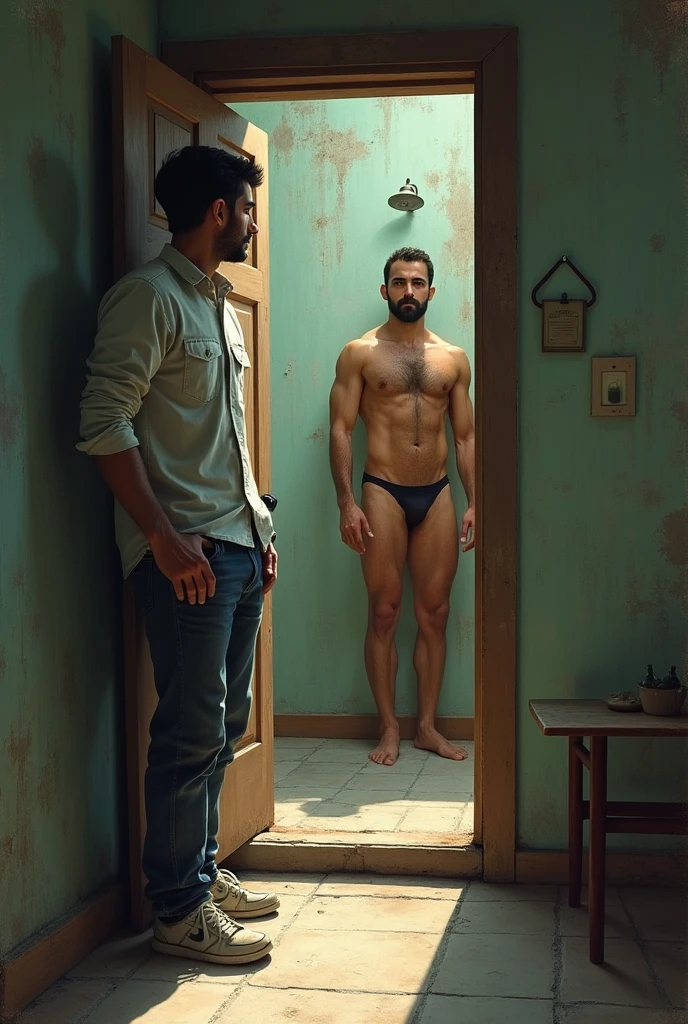 Shirt reporter, pants and sneakers leaning against the door outside an old house watching a strong, bearded Iranian man taking a shower in his underwear inside.