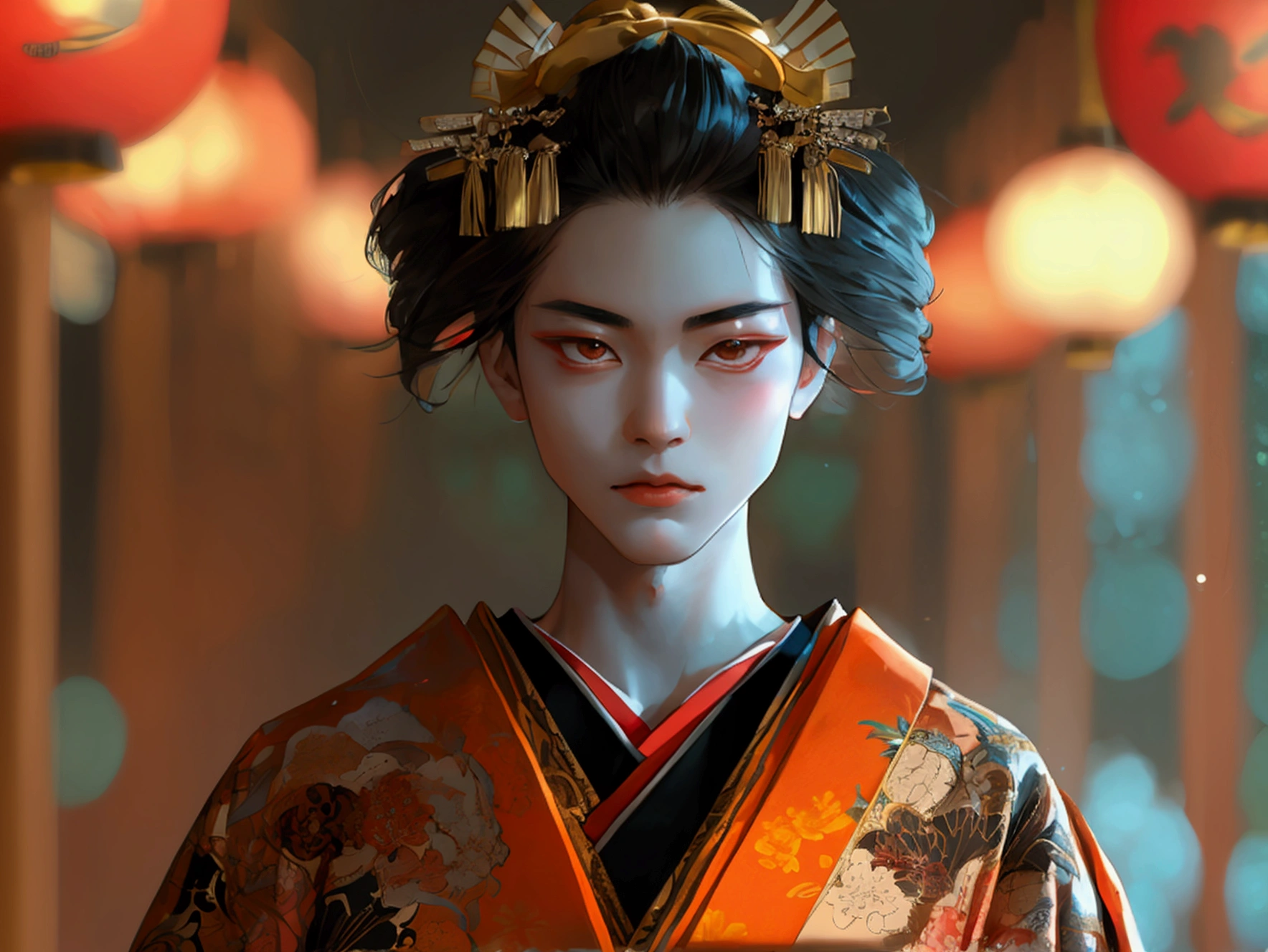 In a traditional Japanese theater, a slender young man, dressed in kabuki attire, with waist-length raven hair, pale-rosy skin, and striking brown eyes, embodies elegance and grace as he moves gracefully under the dimly lit stage.