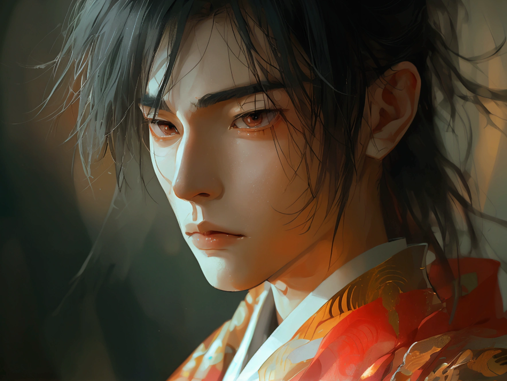 In a traditional Japanese theater, a slender young man, dressed in kabuki attire, with waist-length raven hair, pale-rosy skin, and striking brown eyes, embodies elegance and grace as he moves gracefully under the dimly lit stage.