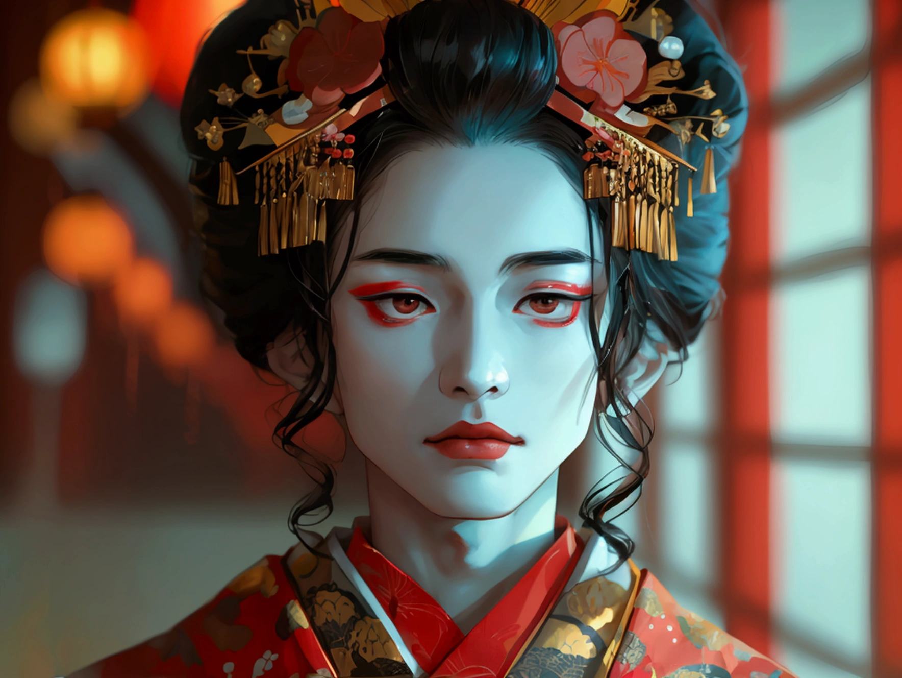 In a traditional Japanese theater, a slender young man, dressed in kabuki attire, with waist-length raven hair, pale-rosy skin, and striking brown eyes, embodies elegance and grace as he moves gracefully under the dimly lit stage.