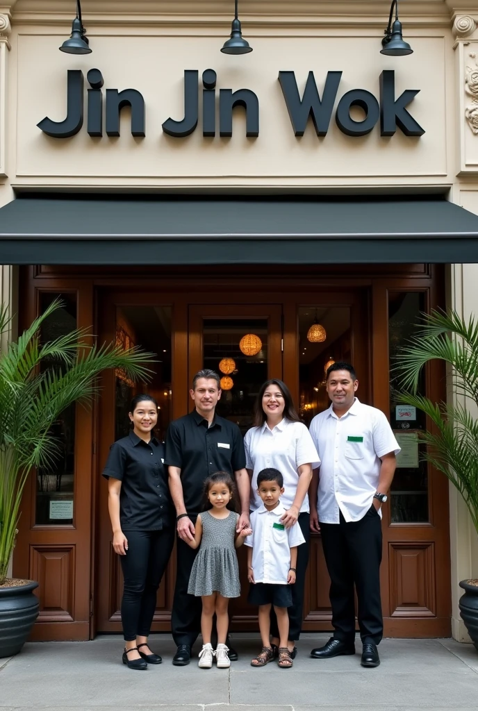 A realistic photo in front of the Brazilian Asian food restaurant Jin Jin Wok, on the facade written in black "Jin Jin wok" with 1 white woman, 40 years old and 174cm tall, 1 white man, 29 years old and 175 tall, 1 dark-skinned man, 4 and 172cm tall, 1 50 year old lady, 160cm tall, 1 brunette girl, 2, 160cm tall, 1 dark-haired boy, 1 and 172cm tall, black uniform for women and white uniform with green details for men.