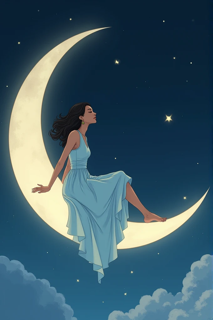 Girl with very dark brown wavy hair with closed eyes. She is on the moon, sitting on the moon which forms a crescent moon. She has her eyes closed. Her dress is very long and light blue., very light almost white. She has mixed skin. We see several stars in the sky. The woman has her eyes closed and her head slightly tilted.. His right leg is raised, placed on the moon and the other and in the void.