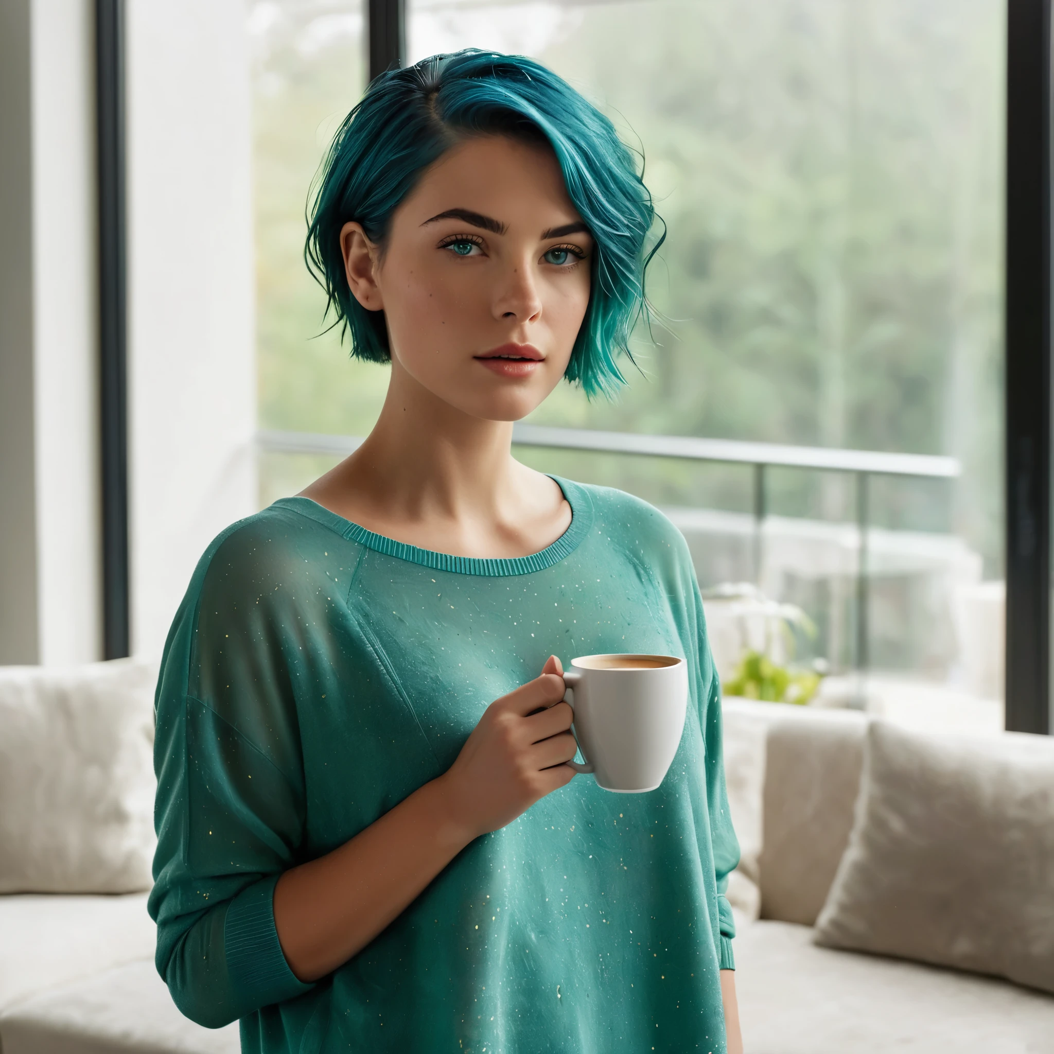 Woman, 20 Years Old, Nordic Ethnicity, short blue hair with a perfect face and light freckles, Blue-Green Eyes, standing in a luxurious, modern living room. She is elegantly dressed in a casual yet chic outfit, holding a steaming cup of coffee in one hand and looking out of a large window with a thoughtful expression. The lighting is soft and natural, coming from the large window, casting a gentle glow on her face. The room is furnished with a stylish, minimalist design featuring a plush sofa, a sleek coffee table, and a few plants. The scene is tranquil and sophisticated, highlighting a moment of calm and luxury. ((Color palette - turquoise, neon green, gold accents))
