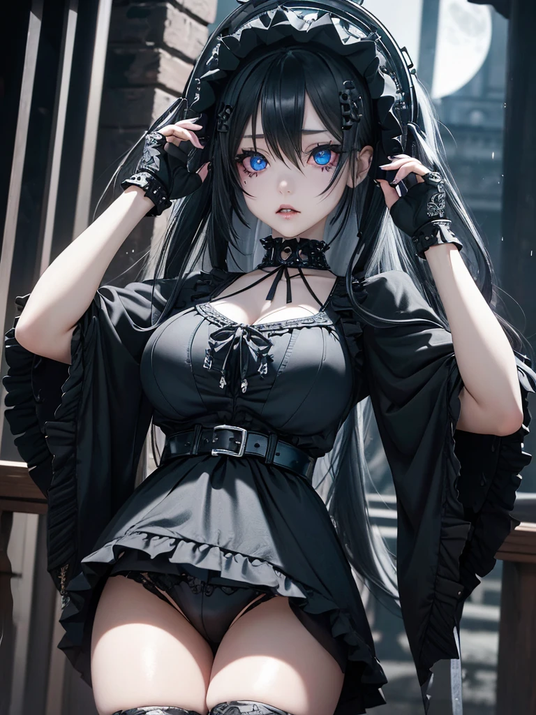  A gothic punk goth girl, perfect face, beautiful Asian woman with long White hair in White curls and coils, very cute and           beautiful girl, (highly detailed beautiful face), high detailed fingers, (wearing panties, topless), detailed face,
]cowboy shot, looking at viewer, Standing, white panties. intricate details, cinematic scene, detailed background, solo, dynamic angle,  ((beautiful big blue eyes looking down at the viewer, black shiny lipstick, perfect Asian goth cyber makeup)) double d breast, detailed cute face, white hair, gothic punk fashion, highly detailed gothic fashion, short skirt, heavy make up,),(dark black lipstick), size, Backlight effect, lens flare, depth of fields, blurry background, Detailedface,1 girl, Detailed eyes, ,(thigh up shot image :1.5), Black gloves. Walking in the rain. Moonlight shines on her face. Sombre setting 