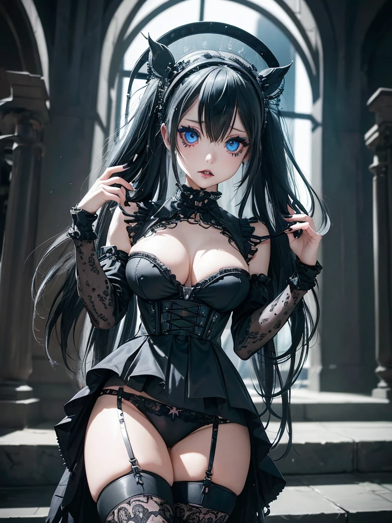  A gothic punk goth girl, perfect face, beautiful Asian woman with long White hair in White curls and coils, very cute and           beautiful girl, (highly detailed beautiful face), high detailed fingers, (wearing panties, topless), detailed face,
]cowboy shot, looking at viewer, Standing, white panties. intricate details, cinematic scene, detailed background, solo, dynamic angle,  ((beautiful big blue eyes looking down at the viewer, black shiny lipstick, perfect Asian goth cyber makeup)) double d breast, detailed cute face, white hair, gothic punk fashion, highly detailed gothic fashion, short skirt, heavy make up,),(dark black lipstick), size, Backlight effect, lens flare, depth of fields, blurry background, Detailedface,1 girl, Detailed eyes, ,(thigh up shot image :1.5), Black gloves. Walking in the rain. Moonlight shines on her face. Sombre setting 
