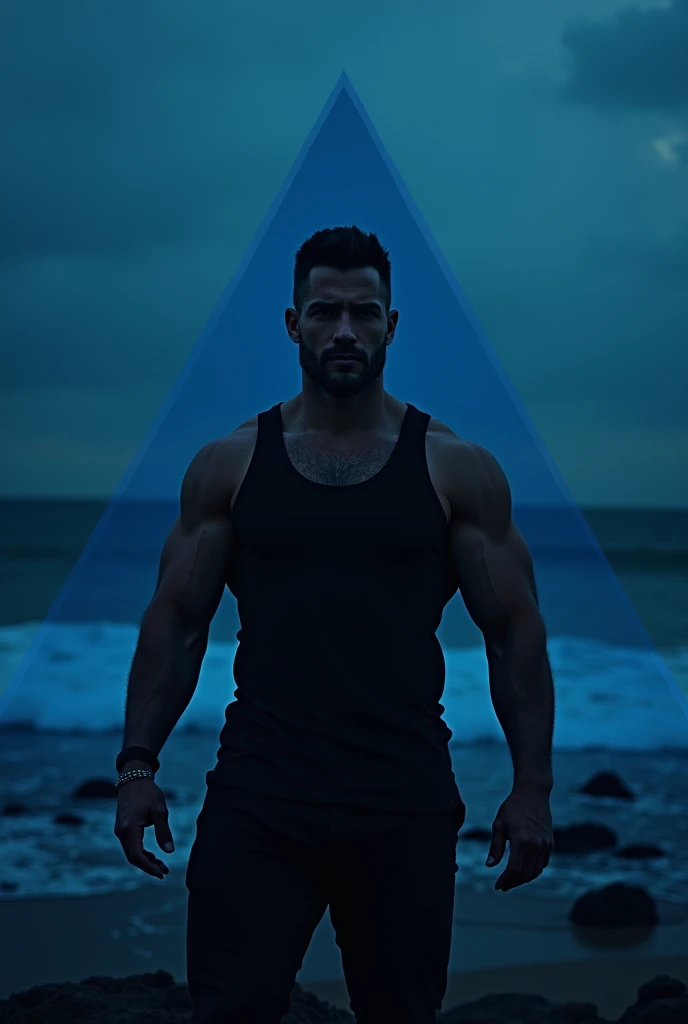 tank top, 正面, coasts, dark blue gradient, a triangle, masculine