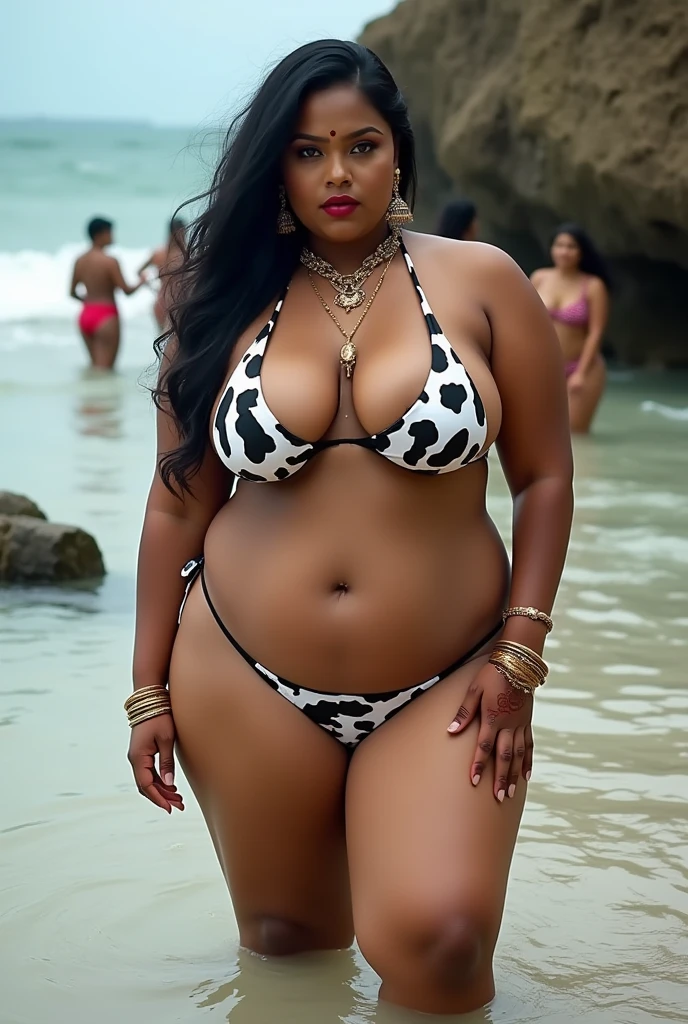 Wet CURVY FIT PAWG MARRIED INDIAN BRIDE, full body picture , BBW Wet curvy, wet Desi Bhabhi showing her big ass in sexy thong COW pattern bikini and showing cleavage and in nose ring, many red gold bangles in hands,earings, necklace ,lipstick ,navel,Indian, Chubby, showing her curves in sea water, sea waves , rocks, Group of lesbian women, Henna Mehendi, with husband and children 