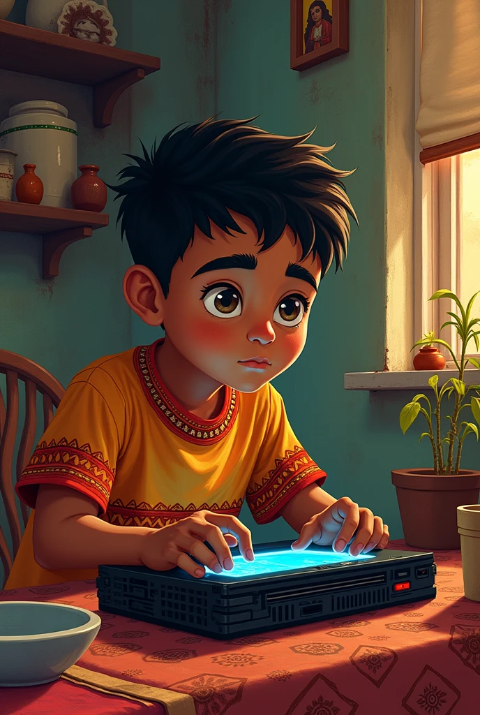 Mexican dark-skinned boy playing on a play station 2 in Mexican illustration style