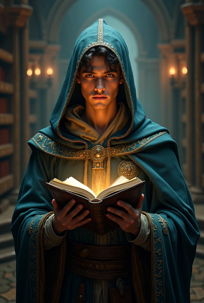 Create a young male character from the European Middle Ages wizard, with a spell book in his hand 