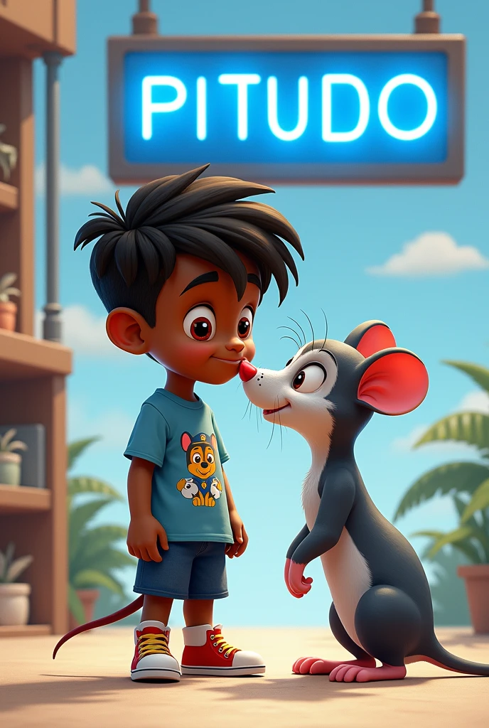 Black boy with long ears short hair licked by a rat ,with a Paw Patrol shirt and a blue LED sign that says pitudo