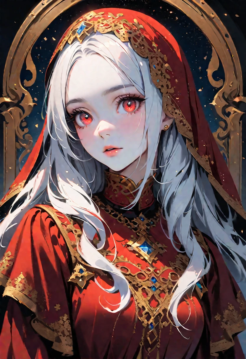 (((WEARING HEADSCARF A ISLAMIC VEIL ON HEAD,  ILLUSTRATION)))
young female albino skin, snow white skin, white  hair,lovely face, crimson lovely big eyes, crimson medieval clothes, innocent face, islamic islamic islamic islamic mythologicalA extremely delicate and beautiful silver-haired girl,Blue pupils,Intricate details, depth of focus,highly detailed, digital painting, artstation, concept art, character art, art by greg rutkowski and tyler jacobson and alphonse mucha Islamic Islamic 8k big lovely eyed wearing veil on head islamic wearing a headscarf veil 👰‍♀ big huge lovely eyes a detailed portrait of a cute goth brunette girl, by justin gerard and greg rutkowski and agnes cecile, digital art, realistic painting, dnd, character design, trending on artstation islamic islamic beautiful like moon young female albino skin, snow white skin, white curly hair, slender face, crimson eyes, crimson medieval clothes, innocent face, islamic islamic islamic islamic mythological big eyed, big eyed silver COLOR EYES, 
big huge lovely big lovely eyed and large eyelashes 
white long hair red lovely eyes extremely beautiful cute and innocent face girl fantasy blue long hair, green eyes, blue star on the left cheek, singing girl islamic islamic  extremely detailed white skin wearing pink color rose dress 🌹 everywhere young female albino skin, snow white skin, slender face, red eyes, crimson islamic  clothes, innocent face, islamic islamic islamic islamic red lovely big lovely eyed woman with veil  islamic islamic beautiful like moon have pink hair,  crystal like woman extremely delicate and beautiful woman, white skin,    looking through the window, dress, red eyes,  dark light night, intricate, elegant, sharp focus, illustration, highly detailed, digital painting, concept art, matte, art by WLOP and Artgerm and Greg Rutkowski and Alphonse Mucha, masterpiece huge lovely eyes and eyesbrows big lovely eyed symmetry, beautiful floral and glitter angel, hyper realistic face, (A beaut