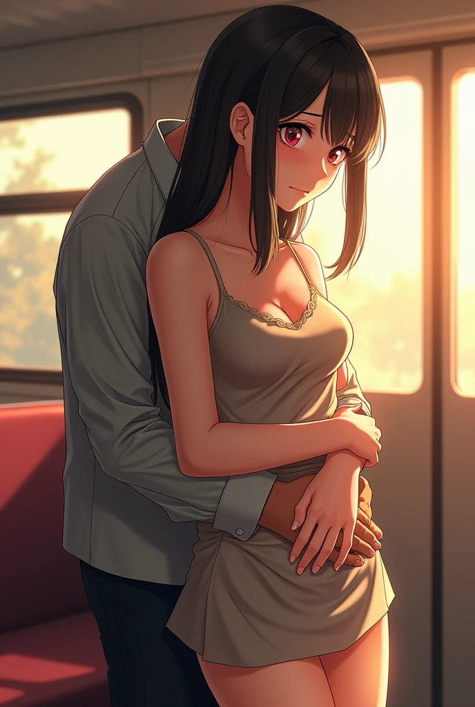((Highest quality, 8k, RAW Photos, masterpiece :1.3))、Very detailed、Ultra-high resolution, ((From above:1.2)),((Full body photo)),Small breasts、Perfect Face、Beautiful expression、Beautiful Face、Beautiful Eyes、1 high school girl、Beautiful black hair、(No bra、Sleeveless camisole:1.2、The shoulder straps are slipping and falling off.、Shoulders exposed:1.3,mini skirt)、The bright interior of a train with sunlight streaming in、((((A woman leaning against a man、Man hugging woman from behind、Men touch women's breasts:1.3、A man lifts a woman's skirt to see her panties:1.2、Button-down shirt:1.2))))、caress、Embarrassing expression、Blushing、The man has a vulgar look、Man hugging