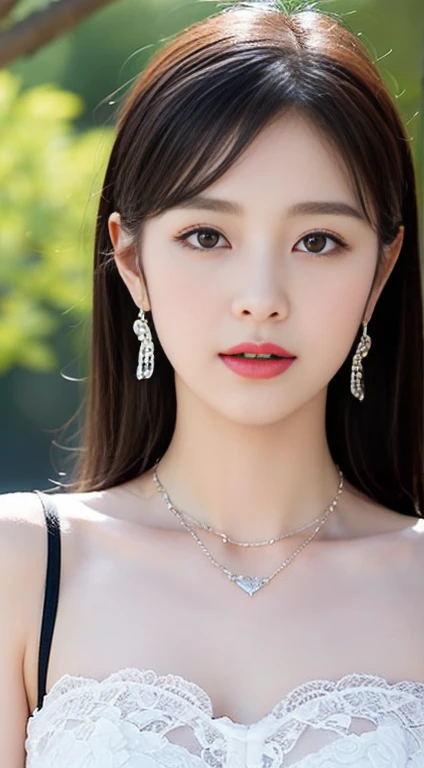 The image is a black and white text that appears to be a description of a necklace. The text is written in a cursive style and is accompanied by a picture of a necklace. The necklace is described as having a "sweetheart" shape, and the text goes on to describe the various details of the necklace, including the lace and the tulle-like fabric. The text also describes the person wearing the necklace, stating that they are also wearing a "delicate" necklace with a "symmetrical" design. The text concludes by suggesting that the background of the image is outdoors, with bare trees.