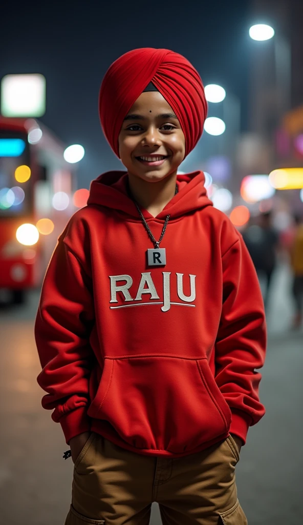 " A 16 YEAR PUNJABI BOY ,ATTRACTIVE SMILE WEARING A RED TURBAN ,RED Hoodie ON WRITE BOLD NAME "RAJU", cargo PANT, and holding and see his name which write chest in Punjab his body luck front of the camara , his background in AMRITSAR city , waiting for a bus at night, wide angle shot, RUN TO CAUGHT BUS,BACKGROUND BOLD NAME "RAJU" Neck In locket this letter "R"