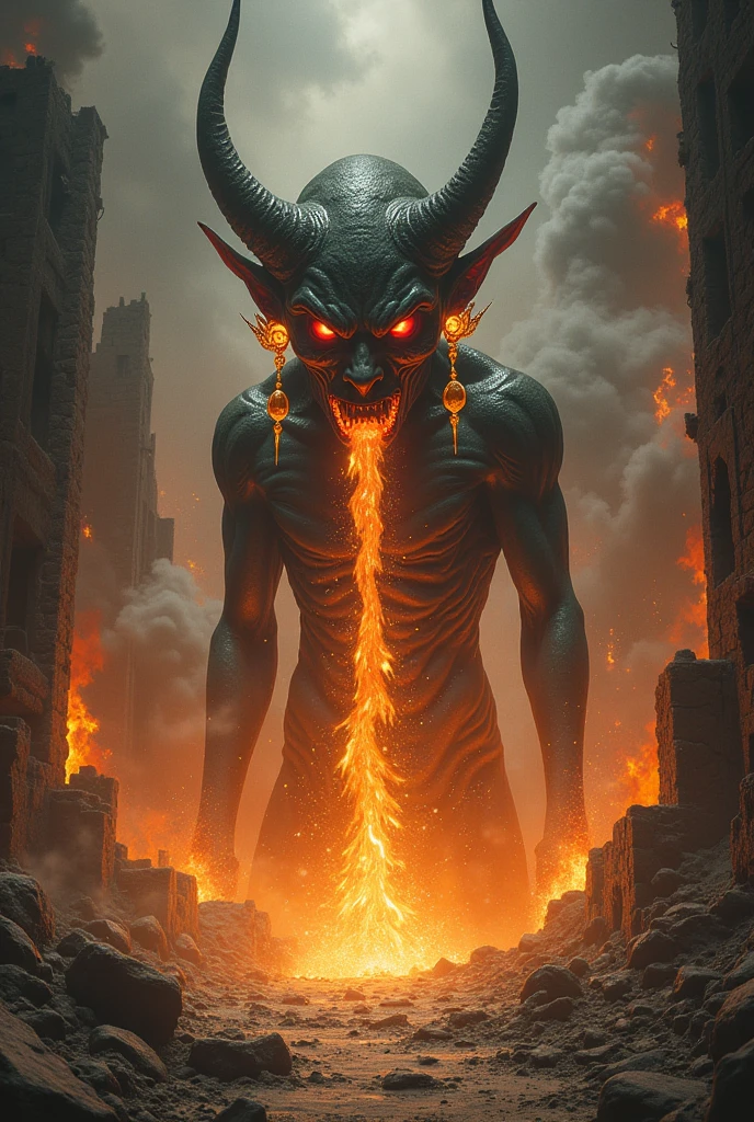 A djinn with earrings, vomiting genas, with a background of burning ruins, that it looks like a fantasy art drawing from the 80s