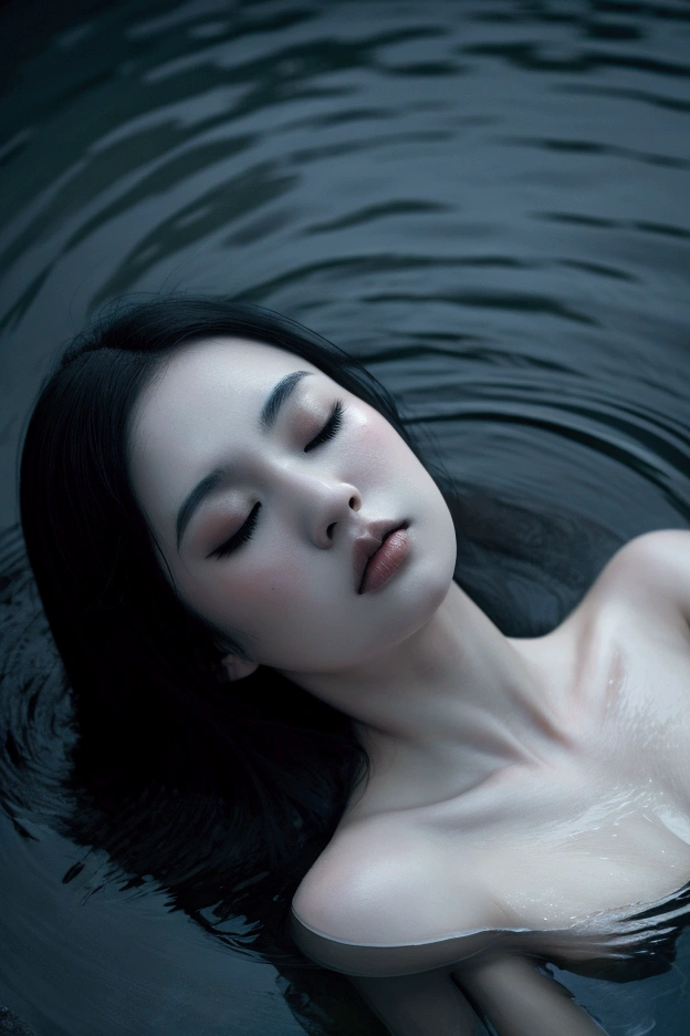beautiful asian girl, pale skin, floating in water, lifeless, eyes closed, long black hair, detailed face, realistic, photo-realistic, ultra-detailed, 8k, masterpiece, dramatic lighting, moody atmosphere, dark tones, melancholy, concept art, cinematic