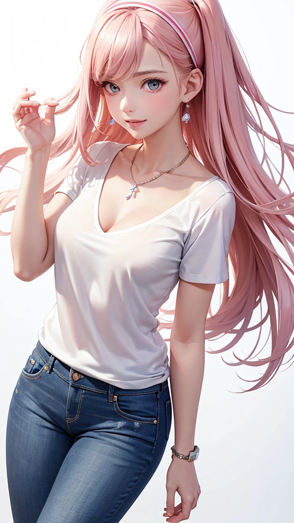 Best Quality,High resolution,8k,(plain white background, no patterns, no textures, just a plain white background:1.3),Masterpiece:1.2),beautiful girl,Shiny pink hair,messy hair,Pink eyes,Design a casual yet elegant look for a young girl with a clean and refined style. Incorporate pieces such as a simple, well-fitted blouse, tailored jeans or a skirt, and classic sneakers or loafers. Add subtle accessories like a delicate necklace or a stylish headband to complete the outfit,Gentle look,A refreshing look,smile,Best quality,Best Quality,Aesthetic and aesthetic:1.2,Best details((Super detailed))(High-definition CG illustrations),Slender body,smile,blush,cute,Scrounge,Looking up,Being spoiled,super model