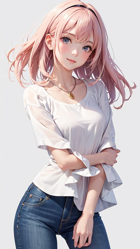 Best Quality,High resolution,8k,(plain white background, no patterns, no textures, just a plain white background:1.3),Masterpiece:1.2),beautiful girl,Shiny pink hair,messy hair,Pink eyes,Design a casual yet elegant look for a young girl with a clean and refined style. Incorporate pieces such as a simple, well-fitted blouse, tailored jeans or a skirt, and classic sneakers or loafers. Add subtle accessories like a delicate necklace or a stylish headband to complete the outfit,Gentle look,A refreshing look,smile,Best quality,Best Quality,Aesthetic and aesthetic:1.2,Best details((Super detailed))(High-definition CG illustrations),Slender body,smile,blush,cute,Scrounge,Looking up,Being spoiled,super model