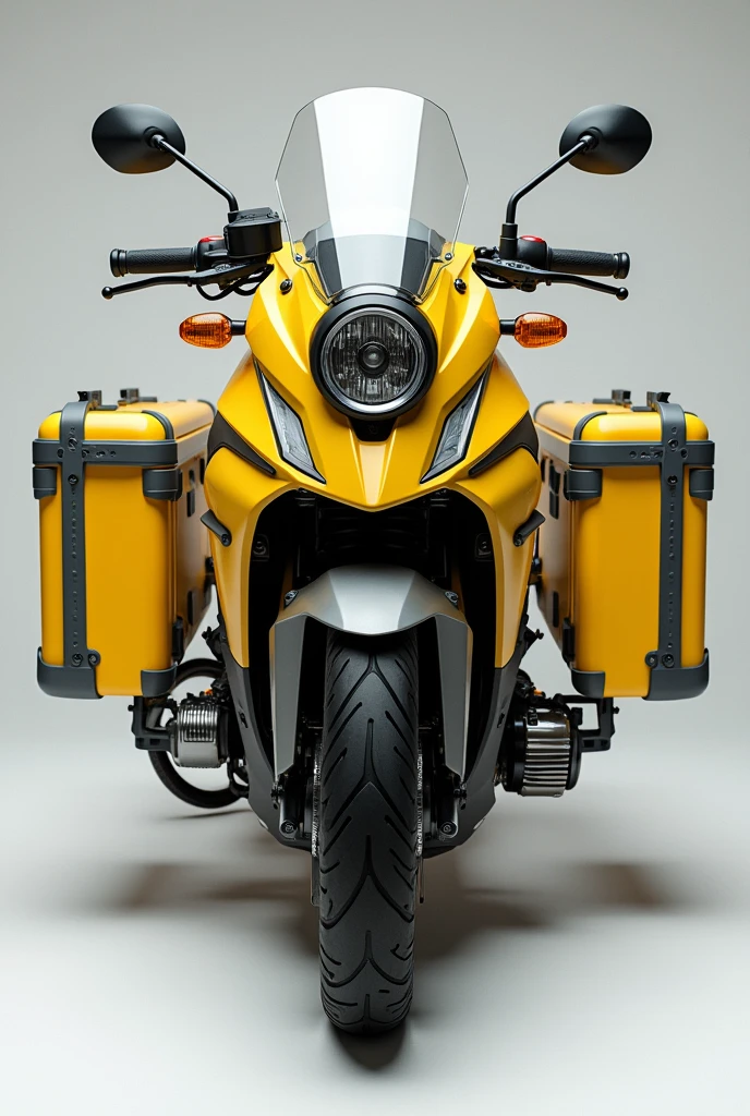 Automatic scooter motorcycle 250cc yellow with gray and white rescue type metal exoskeleton with suitcases on the sides and back high loading area round headlights like a Yamaha BWS with rigid testosterone simple design without covers on the sides 