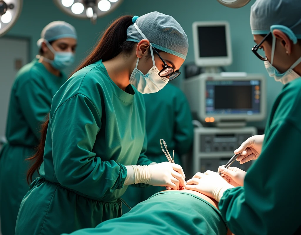 Aishwarya Rai as surgeon, wearing green scrubs, wearing surgical mask and skull cap, wearing surgical glasses, performing heart surgery on male patient, in operation theatre, fullbody view, cutting the chest with scalpel,