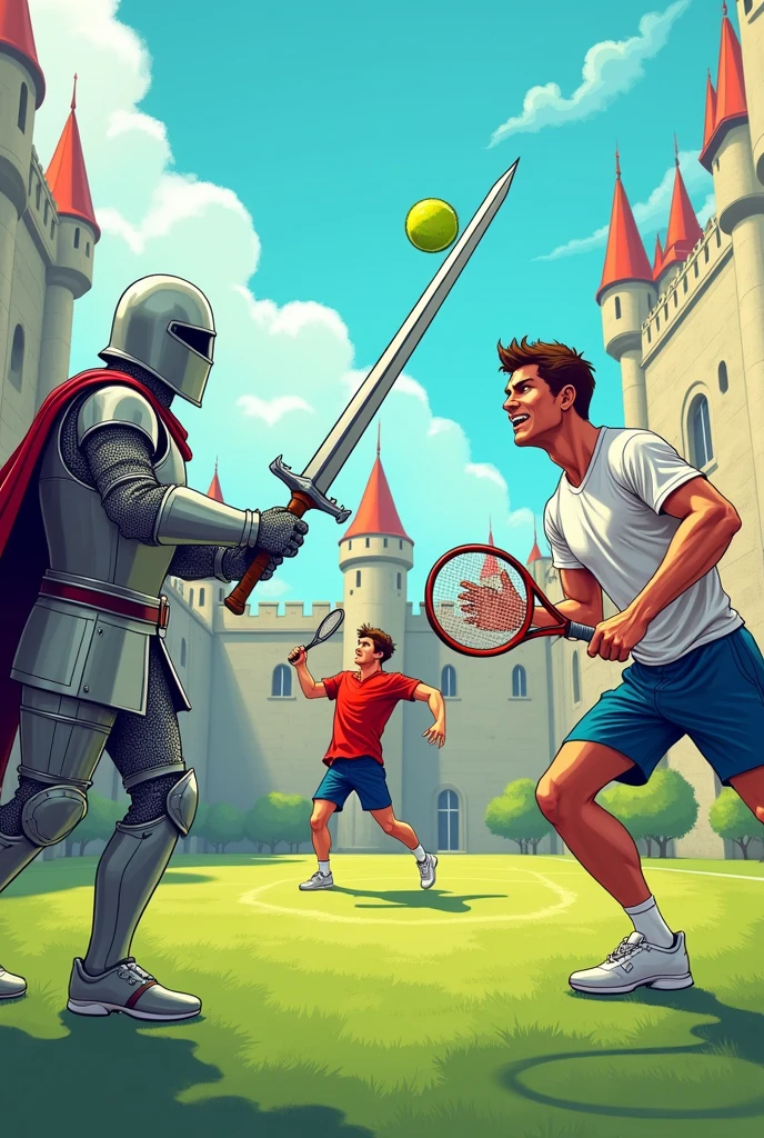 Create a comic with the characters of a medieval knight ,tennis player and a male javelin playerthe javelin player is in the middle