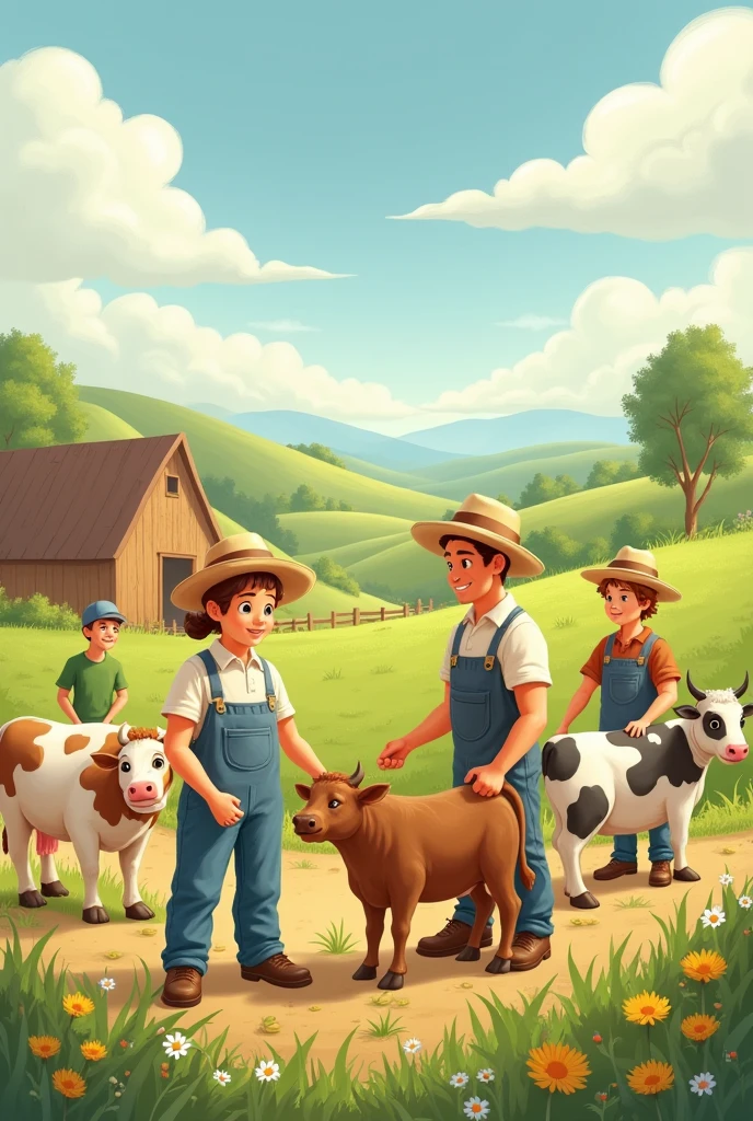 Men and women working on a farm with a cow and a bull, cute and tender drawing