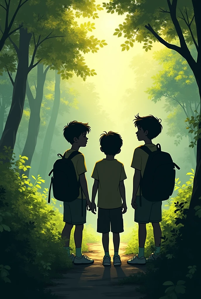 Three boys friends in black shadow background nature and sun a
