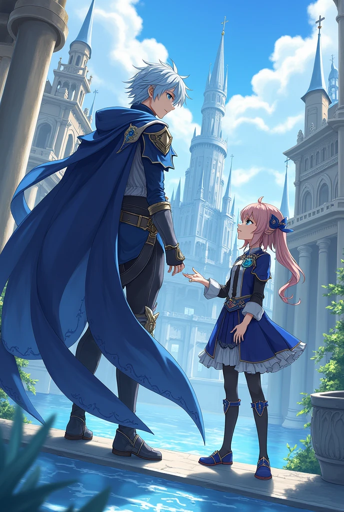 Kaeya Alberich with a girl in Fontaine in Genshin style