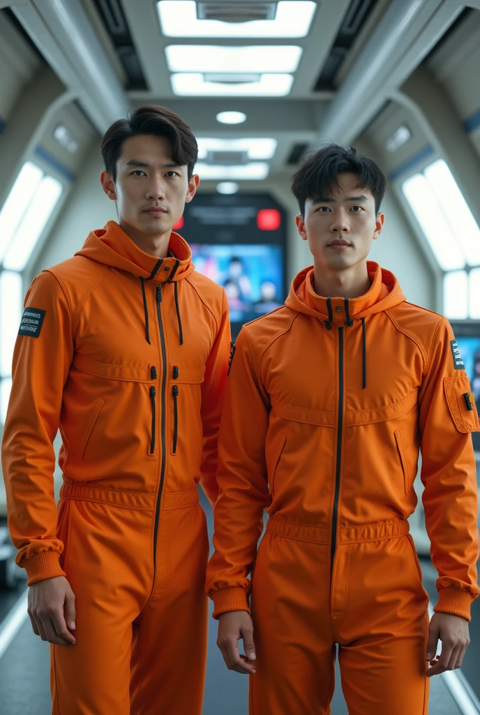 2 Asian man, bonitas. This man has modern short hair, rosto bonitas. Slim defined guy wearing an orange astronaut suit, inside a modern spaceship.