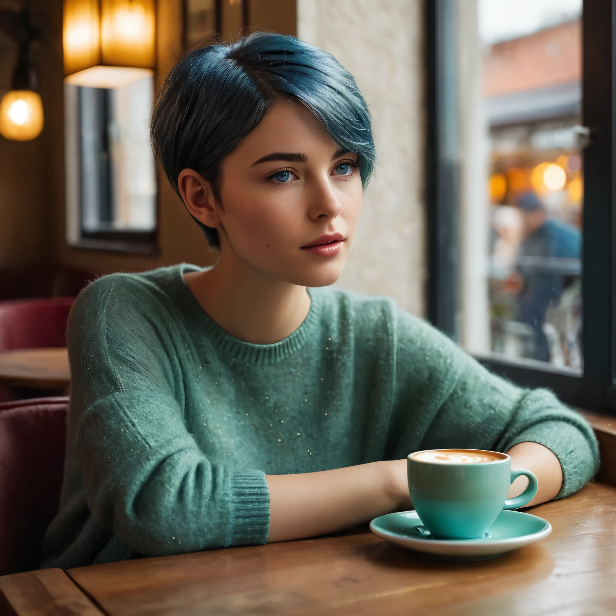 Woman, 20 Years Old, Nordic Ethnicity, short blue hair with a perfect face and light freckles, Blue-Green Eyes, sitting in a cozy, softly lit corner of a stylish café. She is holding a coffee cup close to her lips, her eyes half-closed in a moment of indulgence. The setting is warm and intimate, with plush seating, wooden tables, and soft, ambient lighting casting a gentle glow. The background features subtle elements like coffee cups, books, and soft-focus patrons in the distance. The scene is both inviting and mysterious, emphasizing the sensual pleasure of the moment. ((Color palette - warm brown, soft gold, deep maroon))