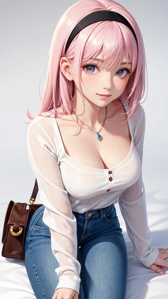 Best Quality,High resolution,8k,(plain white background, no patterns, no textures, just a plain white background:1.3),Masterpiece:1.2),beautiful girl,Shiny pink hair,messy hair,Pink eyes,Design a casual yet elegant look for a young girl with a clean and refined style. Incorporate pieces such as a simple, well-fitted blouse, tailored jeans or a skirt, and classic sneakers or loafers. Add subtle accessories like a delicate necklace or a stylish headband to complete the outfit,Gentle look,A refreshing look,smile,Best quality,Best Quality,Aesthetic and aesthetic:1.2,Best details((Super detailed))(High-definition CG illustrations),Slender body,smile,blush,cute,Scrounge,Looking up,Being spoiled,super model