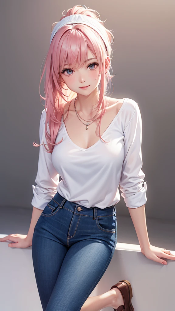 Best Quality,High resolution,8k,(plain white background, no patterns, no textures, just a plain white background:1.3),Masterpiece:1.2),beautiful girl,Shiny pink hair,messy hair,Pink eyes,Design a casual yet elegant look for a young girl with a clean and refined style. Incorporate pieces such as a simple, well-fitted blouse, tailored jeans or a skirt, and classic sneakers or loafers. Add subtle accessories like a delicate necklace or a stylish headband to complete the outfit,Gentle look,A refreshing look,smile,Best quality,Best Quality,Aesthetic and aesthetic:1.2,Best details((Super detailed))(High-definition CG illustrations),Slender body,smile,blush,cute,Scrounge,Looking up,Being spoiled,super model