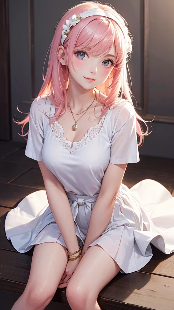 Best Quality,High resolution,8k,(plain white background, no patterns, no textures, just a plain white background:1.3),Masterpiece:1.2),beautiful girl,Shiny pink hair,messy hair,Pink eyes,Design a casual yet elegant look for a young girl with a clean and refined style. Incorporate pieces such as a simple, well-fitted blouse, tailored jeans or a skirt, and classic sneakers or loafers. Add subtle accessories like a delicate necklace or a stylish headband to complete the outfit,Gentle look,A refreshing look,smile,Best quality,Best Quality,Aesthetic and aesthetic:1.2,Best details((Super detailed))(High-definition CG illustrations),Slender body,smile,blush,cute,Scrounge,Looking up,Being spoiled,super model