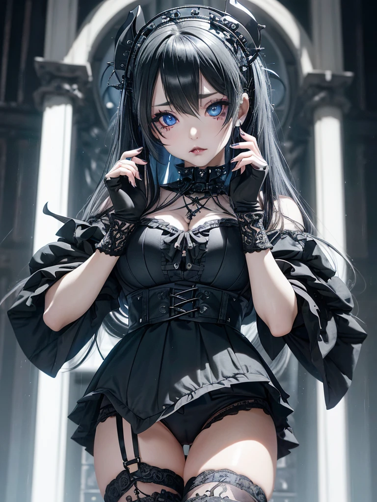  A gothic punk goth girl, perfect face, beautiful Asian woman with long White hair in White curls and coils, very cute and           beautiful girl, (highly detailed beautiful face), high detailed fingers, (wearing panties, topless), detailed face,
]cowboy shot, looking at viewer, Standing, white panties. intricate details, cinematic scene, detailed background, solo, dynamic angle,  ((beautiful big blue eyes looking down at the viewer, black shiny lipstick, perfect Asian goth cyber makeup)) double d breast, detailed cute face, white hair, gothic punk fashion, highly detailed gothic fashion, short skirt, heavy make up,),(dark black lipstick), size, Backlight effect, lens flare, depth of fields, blurry background, Detailedface,1 girl, Detailed eyes, ,(thigh up shot image :1.5), Black gloves. Walking in the rain. Moonlight shines on her face. Sombre setting 