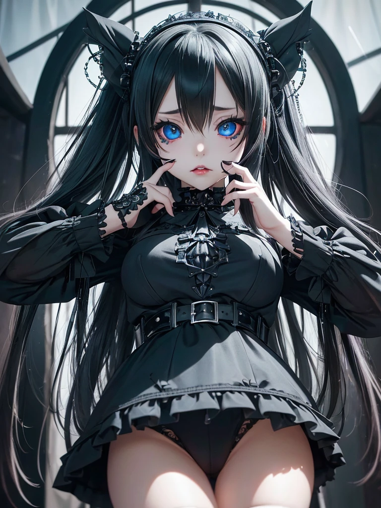  A gothic punk goth girl, perfect face, beautiful Asian woman with long White hair in White curls and coils, very cute and           beautiful girl, (highly detailed beautiful face), high detailed fingers, (wearing panties, topless), detailed face,
]cowboy shot, looking at viewer, Standing, white panties. intricate details, cinematic scene, detailed background, solo, dynamic angle,  ((beautiful big blue eyes looking down at the viewer, black shiny lipstick, perfect Asian goth cyber makeup)) double d breast, detailed cute face, white hair, gothic punk fashion, highly detailed gothic fashion, short skirt, heavy make up,),(dark black lipstick), size, Backlight effect, lens flare, depth of fields, blurry background, Detailedface,1 girl, Detailed eyes, ,(thigh up shot image :1.5), Black gloves. Walking in the rain. Moonlight shines on her face. Sombre setting 