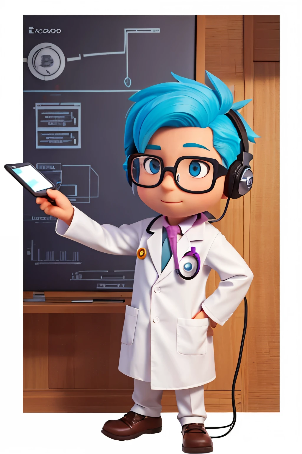 Create a friendly character that resembles a doctor with a playful twist. The character, named Dr. Eco, should have a warm, approachable expression, with a stethoscope shaped like a pair of headphones hanging around his neck. Dr. Eco wears a lab coat, but instead of being plain white, it has subtle, colorful patterns representing sound waves or music notes. His hair is neat, and he has glasses that give him an intelligent yet kind appearance. Dr. Eco is holding a tablet or a device showing a game screen, indicating his connection to auditory training