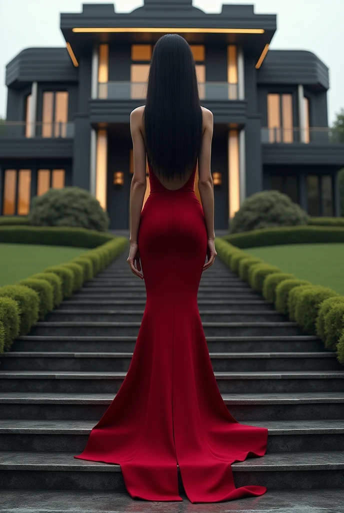 beautiful woman, long black hair, grey eyes, She wears a long red dress with a slit on her right leg, deep neckline, low back, Louboutin heels. You are looking at a large modern and luxurious mansion of almost 5 floors, It has black and gold details. She is standing on some stairs looking in amazement at the mansion 