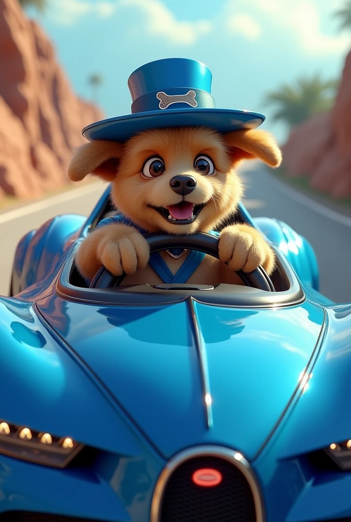 A dog riding a blue bugatti with a blue hat with bone on his mouth