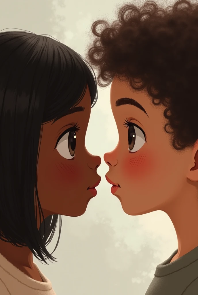 two eyes looking at each other and blinking a black girl with straight hair and a white boy with wavy hair