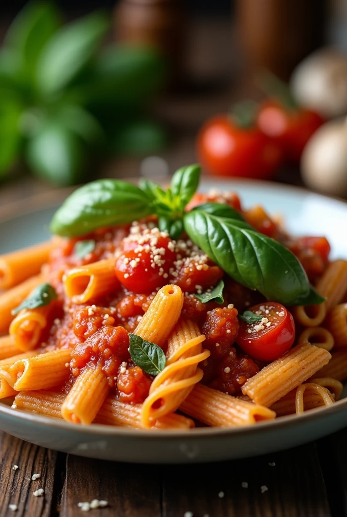 Create an image of this recipe: Whole Wheat Pasta with Tomato and Basil Sauce Ingredients:

- Pasta integral: 100 g - Crushed tomato: 200 g - Fresh basil: 10 g - Garlic: 10 g - Olive oil: 15 ml
- Sal: 5 g - Pepper: 2 g Preparation:

1. Cook whole wheat pasta according to package directions and drain..

2. In a frying pan, Heat the olive oil and fry the garlic until golden..

3. Add the crushed tomatoes and cook over low heat for 10 minutes..

4. Add the chopped basil, salt and pepper.

5. Mix the sauce with the pasta and serve hot..
