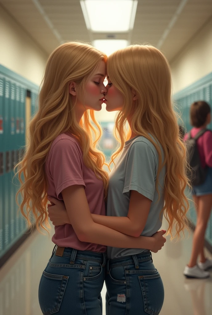 2 blonde girls kissing in a school hallway