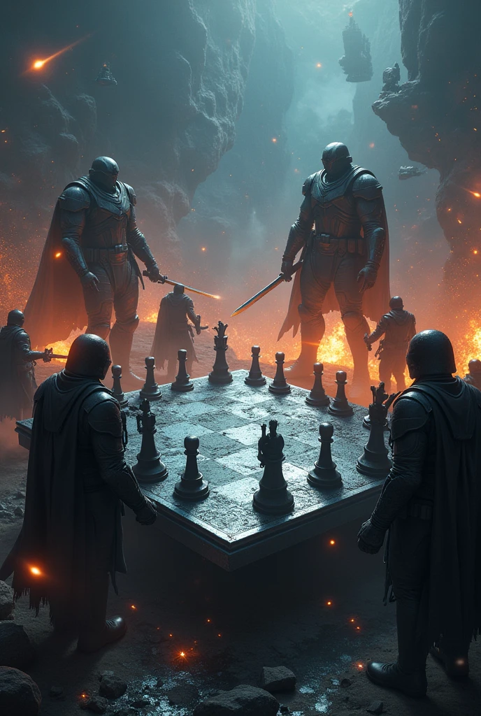 Space war chess board, dark and scary theme, explosions and swords