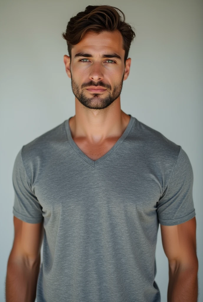 A atractive man in gray v neak t-shirt