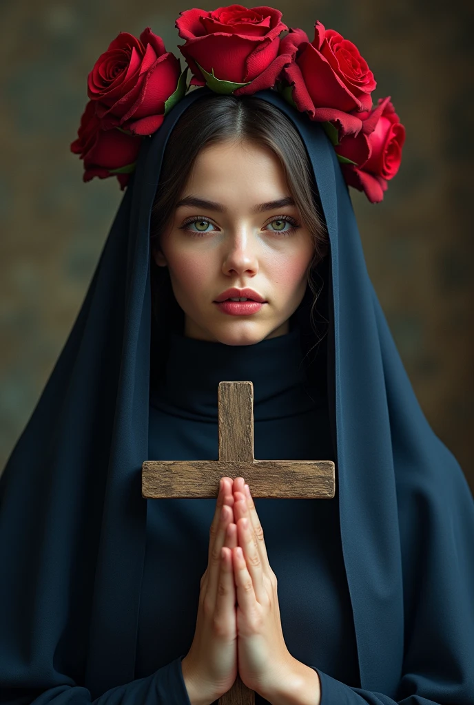 Woman with sweet smiling face , dark navy blue nun's veil, and a crown of red roses on her head and a cross in her hand, posture like the Virgin Mary