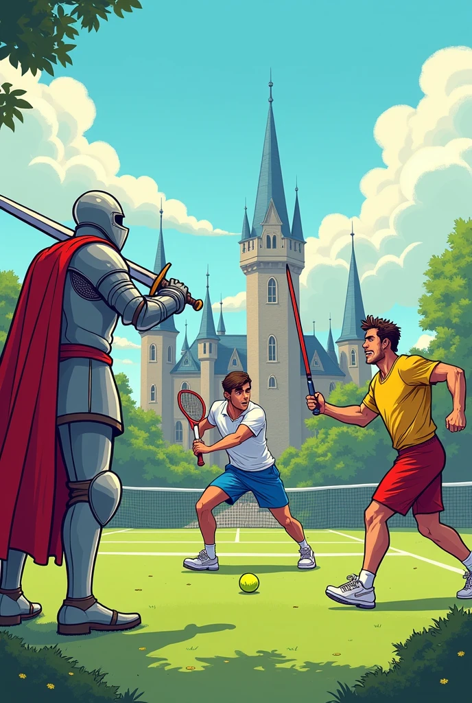 Create a comic with the characters of a medieval knight ,tennis player and a male javelin playerthe javelin player is in the middle